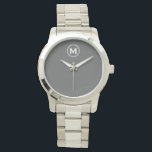 Modern minimalistisch grijs monogram horloge<br><div class="desc">Modern minimalistisch monogram grijs monogram Emblem White Classic Block Typography Monogram Solid Gray Background</div>