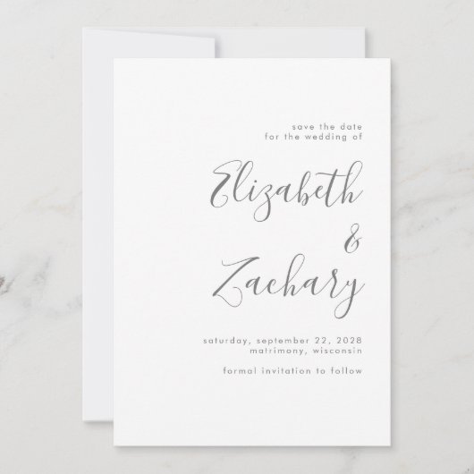 Modern Minimalistisch Grijs Script Save the Date Aankondiging (Voorkant)