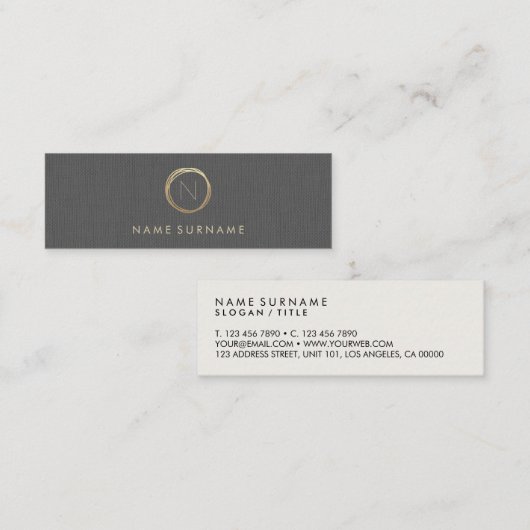 Modern minimalistisch grijze Linen Elegant Gold Mo Mini Visitekaartje (Voorkant / Achterkant)