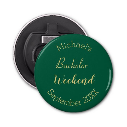 Modern minimalistisch groen en goud vrijgezellenfe button flesopener (Voorkant)