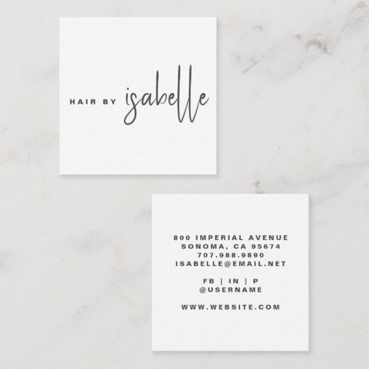 Modern minimalistisch haarstylist script vierkante visitekaartje (Voorkant / Achterkant)