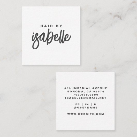 Modern minimalistisch haarstylist script vierkante visitekaartje (Voorkant / Achterkant)