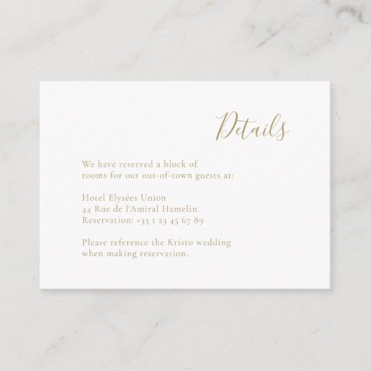 Modern minimalistisch handgeschreven gouden bruilo informatiekaartje (Voorkant)