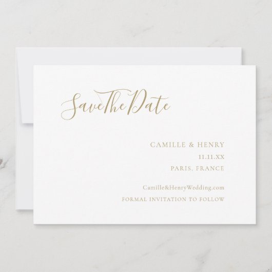 Modern minimalistisch handgeschreven gouden bruilo save the date (Voorkant)