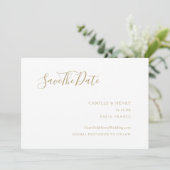 Modern minimalistisch handgeschreven gouden bruilo save the date (Staand voorkant)
