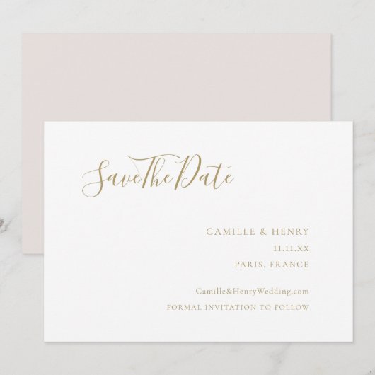 Modern minimalistisch handgeschreven gouden bruilo save the date (Voorkant / Achterkant)