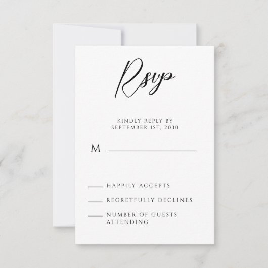 Modern minimalistisch handgeschreven script RSVP kaartje (Voorkant)