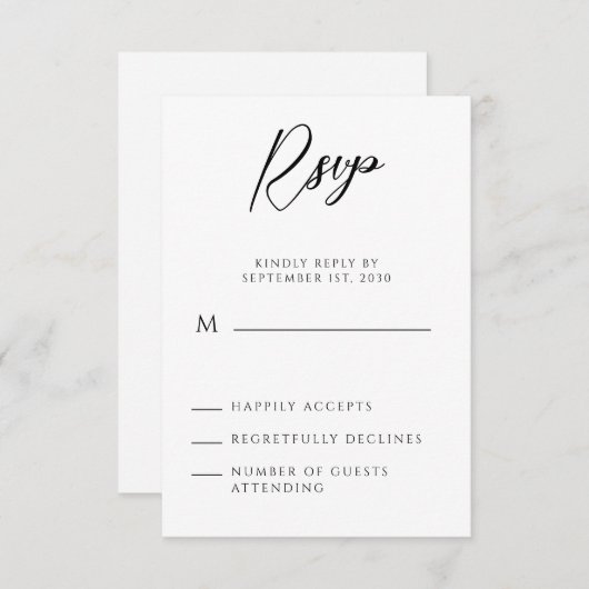 Modern minimalistisch handgeschreven script RSVP kaartje (Voorkant / Achterkant)