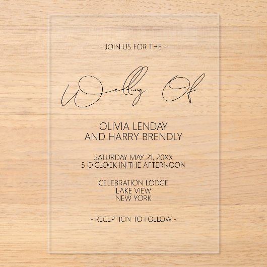 Modern minimalistisch handschrift huwelijk acryl uitnodigingen (Voorkant)