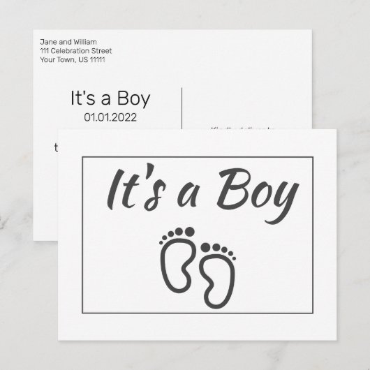 Modern minimalistisch Het is een Boy Aankondiging  Briefkaart (Voorkant / Achterkant)