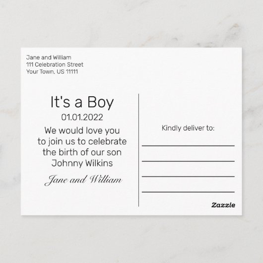 Modern minimalistisch Het is een Boy Aankondiging  Briefkaart (Achterkant)