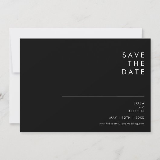Modern minimalistisch horizontaal zwart-wit letter save the date (Voorkant)