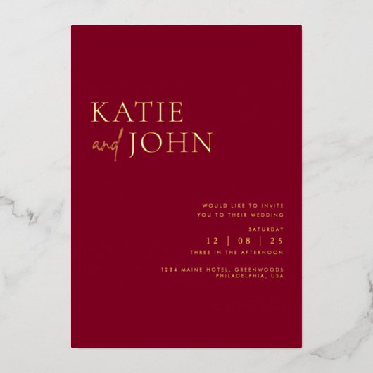 Modern minimalistisch huwelijk met Bourgogne Folie Uitnodiging (Voorkant)