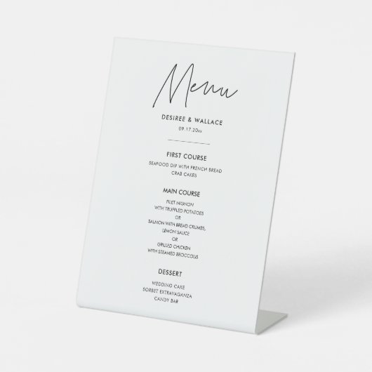 Modern minimalistisch huwelijksmenu reclamebord met voetstuk (Voorkant)