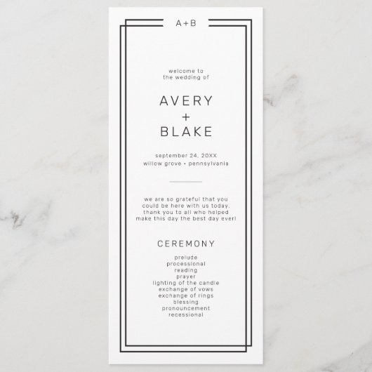 Modern minimalistisch huwelijksprogramma / AVERY Programmakaart (Voorkant)