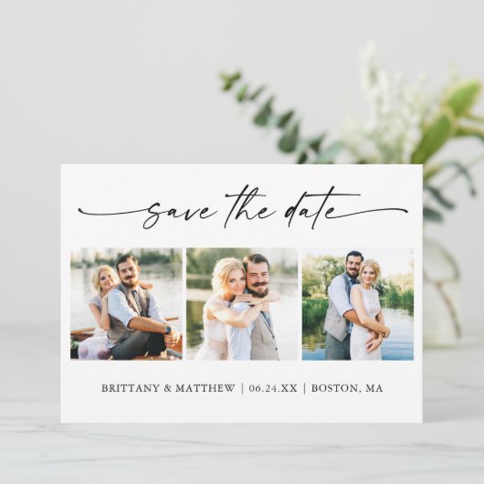 Modern minimalistisch inkpenscript 3 Foto Save The Date (Staand voorkant)