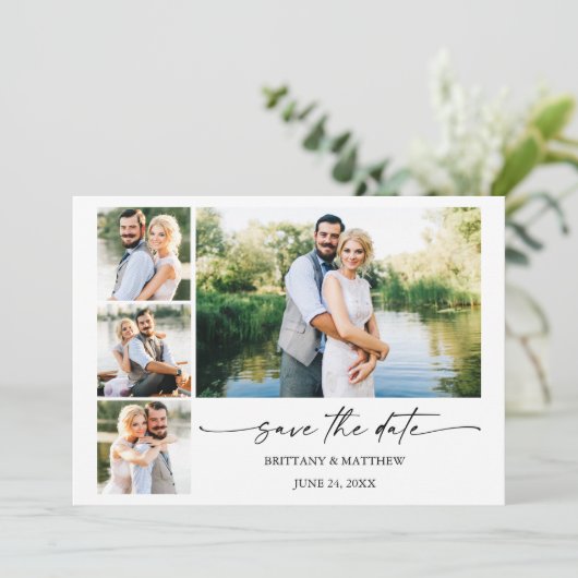 Modern minimalistisch inkt Pen script 4 Foto's Save The Date (Staand voorkant)