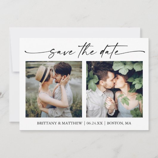 Modern minimalistisch inktscript 2-foto's save the date (Voorkant)