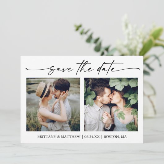 Modern minimalistisch inktscript 2-foto's save the date (Staand voorkant)