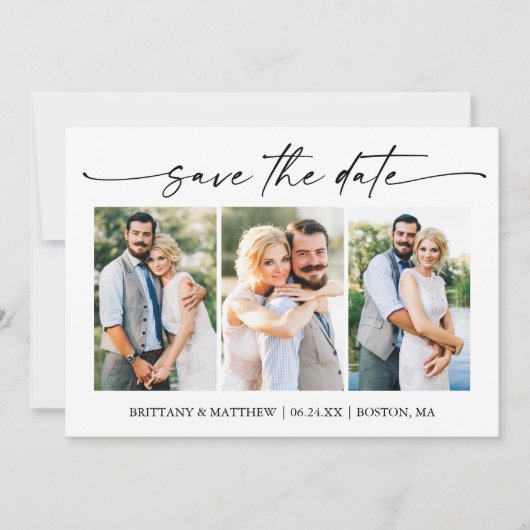 Modern minimalistisch inktscript 3-foto's save the date (Voorkant)