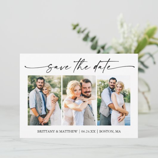 Modern minimalistisch inktscript 3-foto's save the date (Staand voorkant)