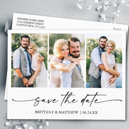 Modern minimalistisch inktscript slaat de foto van briefkaart