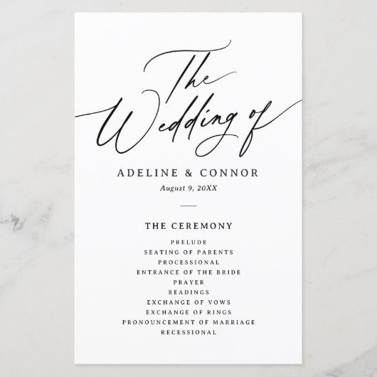 Modern minimalistisch kalligrafie bruiloft program (Voorkant)