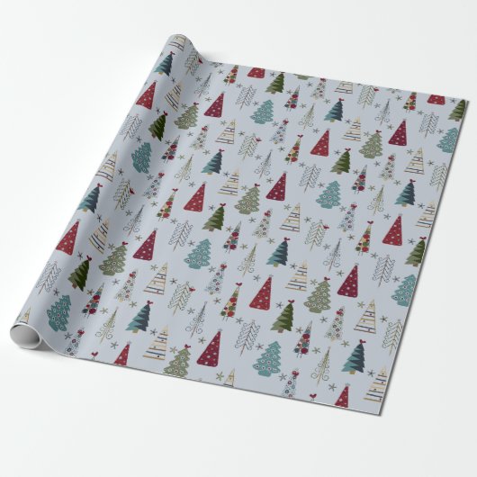 Modern minimalistisch kerstboompatroon Blauw rood Cadeaupapier (Uitgerold)
