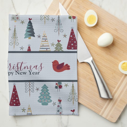 Modern minimalistisch kerstboompatroon Blauw rood Theedoek (Quarter Fold)