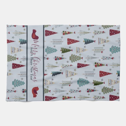 Modern minimalistisch kerstboompatroon Blauw rood Theedoek (Horizontaal)