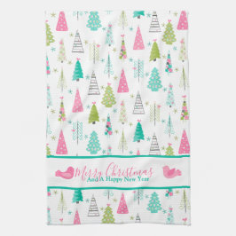 Modern minimalistisch kerstboompatroon Roze Blauwg Theedoek