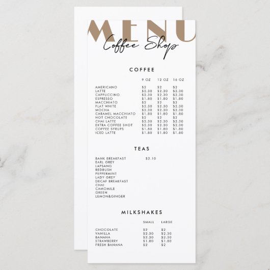 Modern minimalistisch Koffiewinkelmenu Menu (Voorkant / Achterkant)