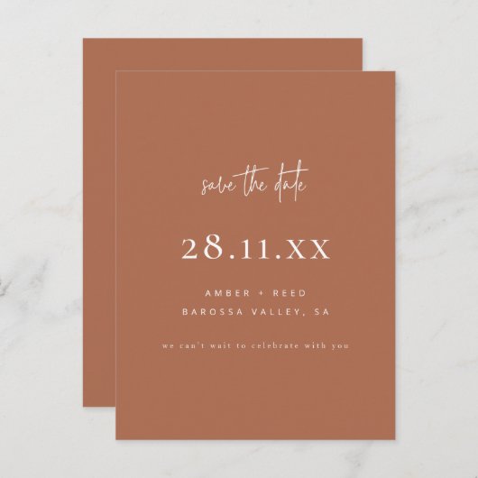 Modern minimalistisch koperen script bewaar de dat aankondigingskaart (Voorkant / Achterkant)