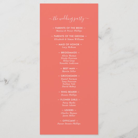 Modern minimalistisch koraalweddenschap programmakaart (Achterkant)