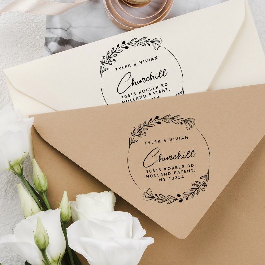 Modern minimalistisch kransscript retouradres rubberstempel