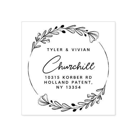 Modern minimalistisch kransscript retouradres rubberstempel (Afrduk)