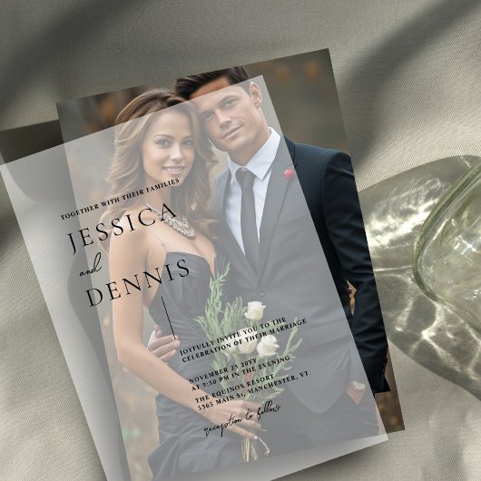 Modern minimalistisch legant script vellum uitnodigingen