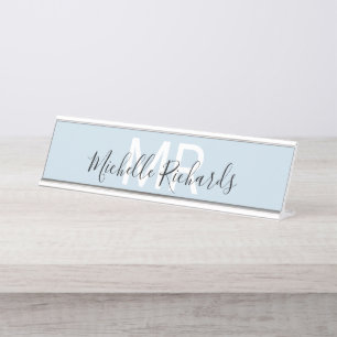 Modern minimalistisch lichtblauw monogram bureau naambordje