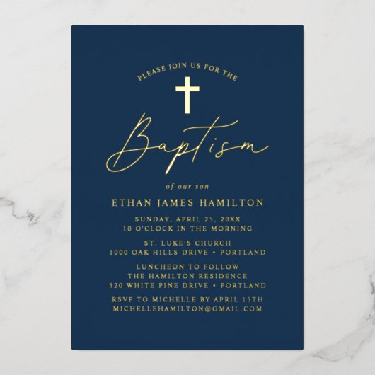Modern minimalistisch Manuscript Navy Baptisme Folie Uitnodiging (Voorkant)