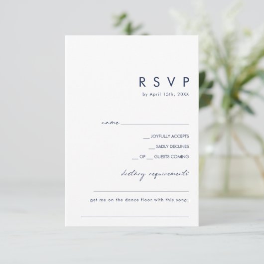 Modern minimalistisch marine blauw dieet / lied ve RSVP kaartje (Staand voorkant)