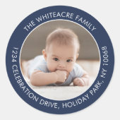 Modern minimalistisch marine blauw en wit retourad ronde sticker (Voorkant)