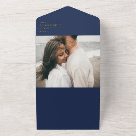 Modern minimalistisch marineblauw | Gold Photo All In One Uitnodiging