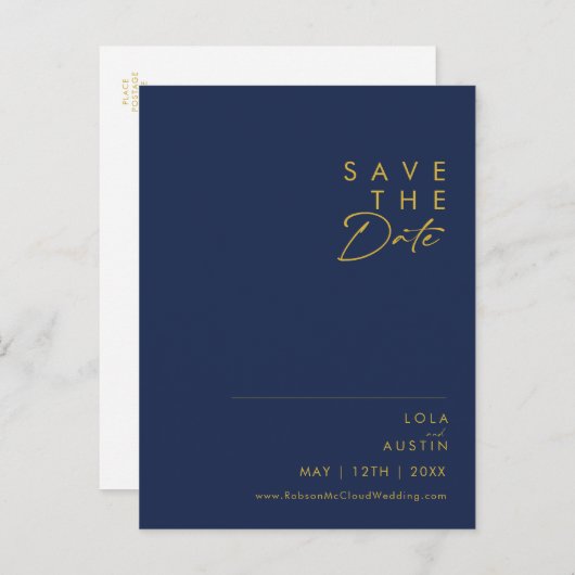 Modern minimalistisch marineblauw | Gold Save the  Uitnodiging Briefkaart (Voorkant / Achterkant)