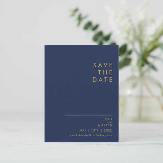 Modern minimalistisch marineblauw | Gold Save the  Uitnodiging Briefkaart (Staand voorkant)