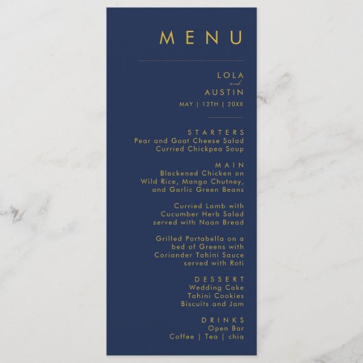 Modern minimalistisch marineblauw | Goudbruiloft Menu (Voorkant)