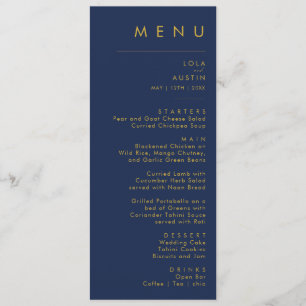 Modern minimalistisch marineblauw Goudbruiloft Menu