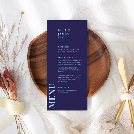 Modern minimalistisch marineblauw huwelijksmenu menu