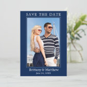 Modern minimalistisch marineblauw save the date (Staand voorkant)