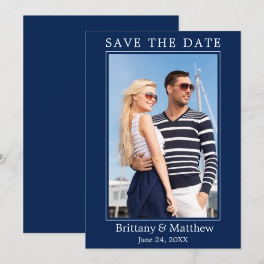 Modern minimalistisch marineblauw save the date (Voorkant / Achterkant)