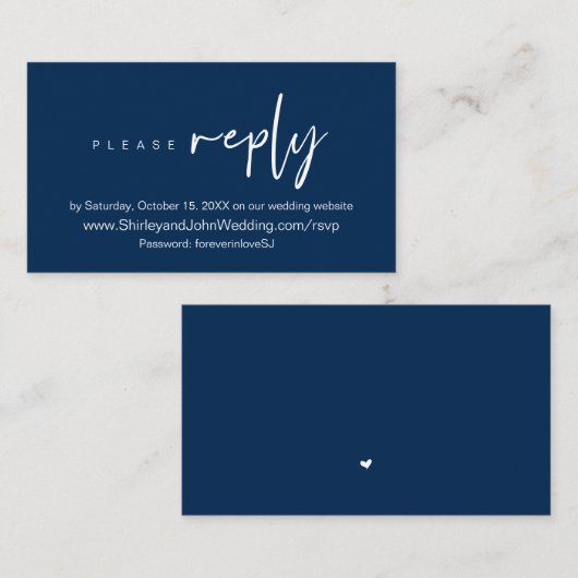 Modern minimalistisch, marineblauw script, online informatiekaartje (Voorkant / Achterkant)